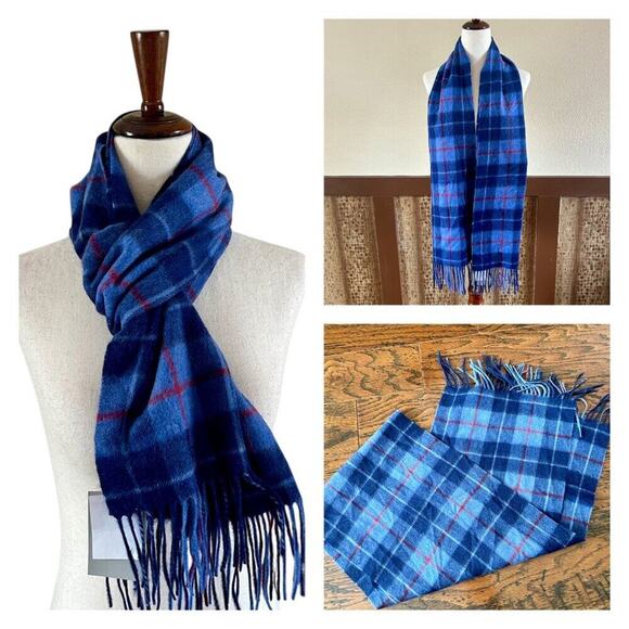 Louisa Perini Men's Fringed 100% Cashmere Scarf in Blue Tartan NWT - Picture 1 of 8